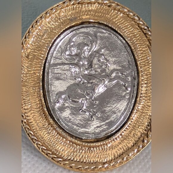 PegasVintage Gold and Silver Tone Oval Brooch Mythical Horse Pin Jewelry - Picture 2 of 4